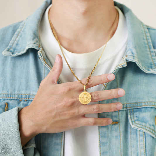 Gold compass coin pendant necklace for men, hip hop style, featuring a detailed compass design on a chain.