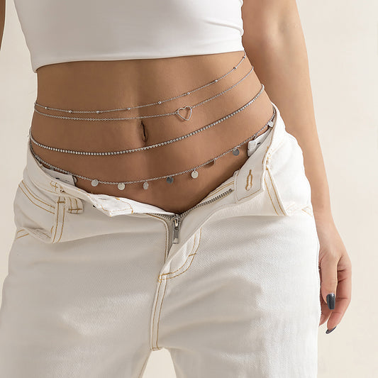 Eprolo multi-layer tassel and rhinestone metal chain waist body chain with sequins for beach and street fashion.