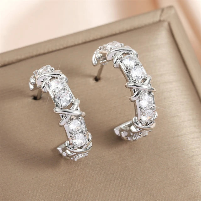 Vintage CC Design Hoop Earrings for Women Korean Fashion X Cross Zircon Earring Engagement Jewelry Gift - AstroVerse™