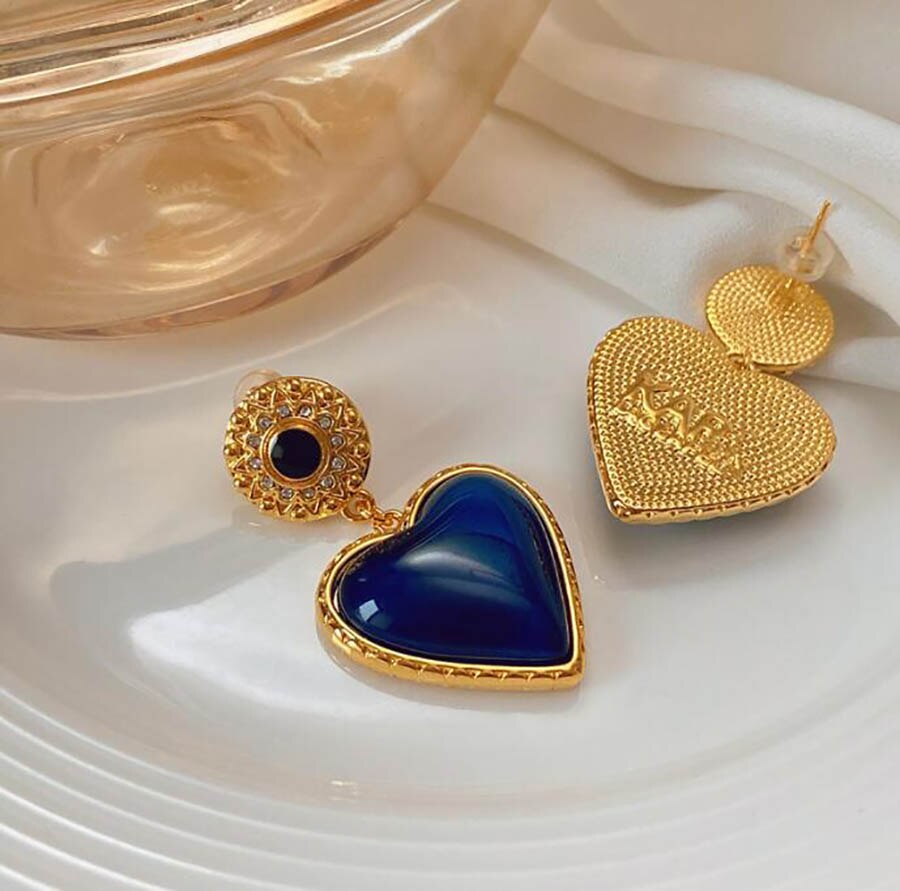 French Retro Medieval Blue Heart Earrings Female Copper Plated Real Gold Heart Earrings 925 Silver Needle High Quality