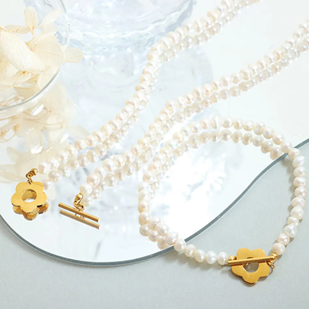 Titanium Steel Pearl Flower Bracelet - AstroVerse™