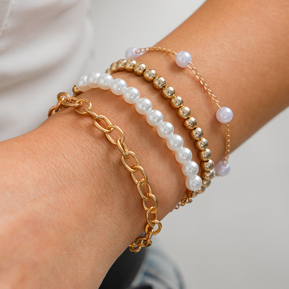 4-Piece Layered Bracelet Set - Gold Beaded & Pearl Stack Bracelets - AstroVerse™