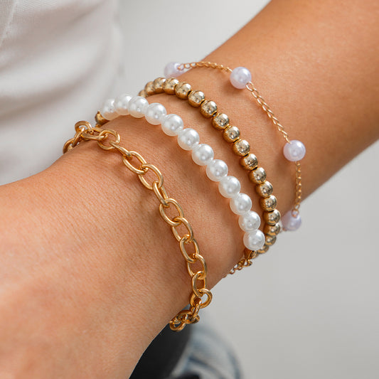 4-Piece Layered Bracelet Set - Gold Beaded & Pearl Stack Bracelets - AstroVerse™