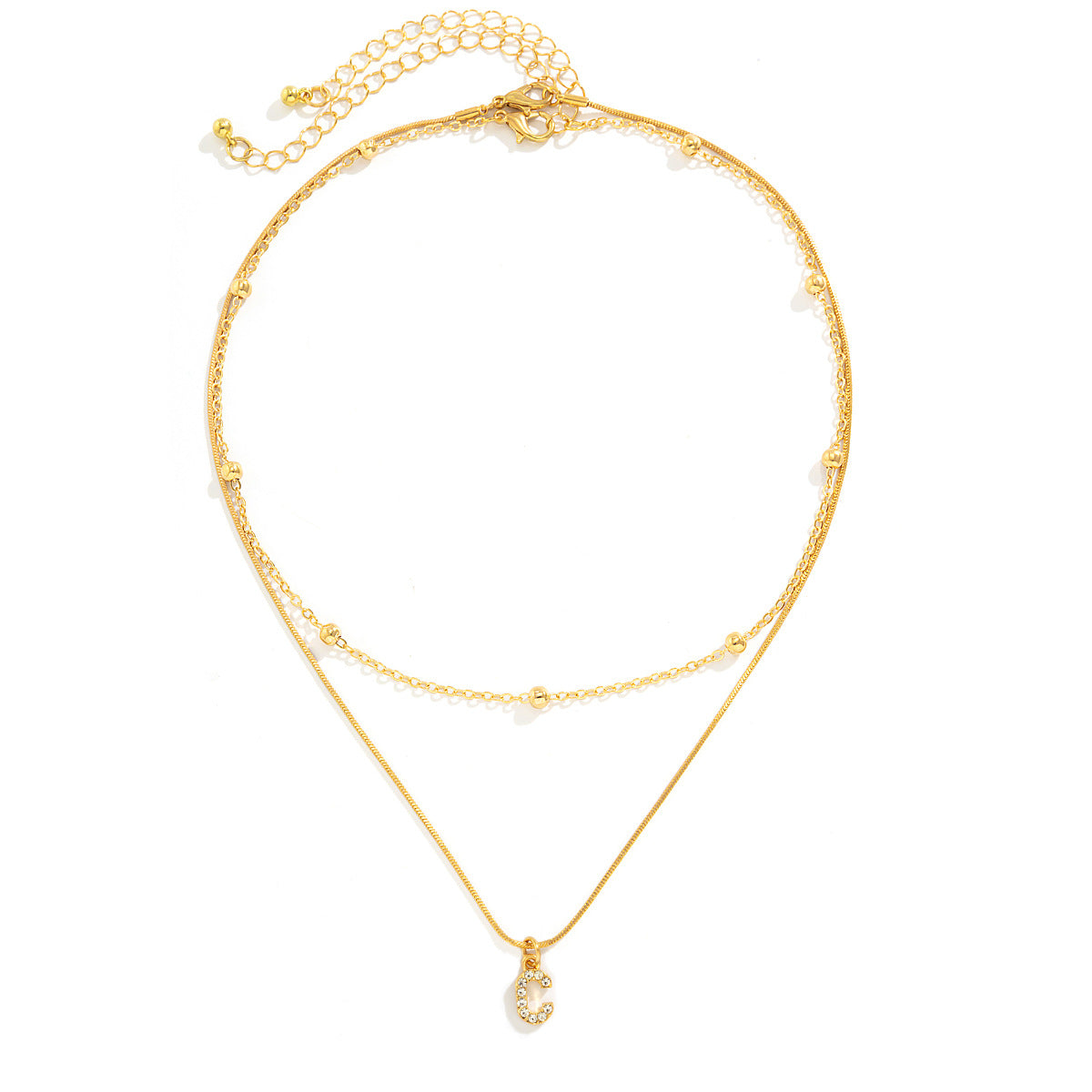 Simple diamond studded English letter pendant, double-layer necklace collarbone chain, versatile snake bone necklace for women