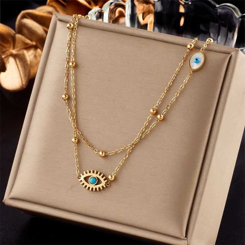 Layered Evil Eye Necklace - Gold Titanium Steel Double Chain with Beads - AstroVerse™