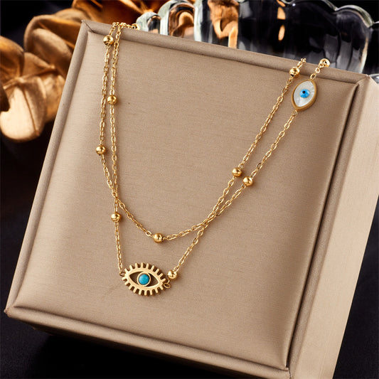 Layered Evil Eye Necklace - Gold Titanium Steel Double Chain with Beads - AstroVerse™
