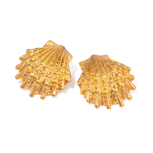 Creative Stainless Steel 18k Gold Plated Ocean Style Shell Ribbed Hammer Grain Earrings Personalized Jewelry Attractive Women - AstroVerse™