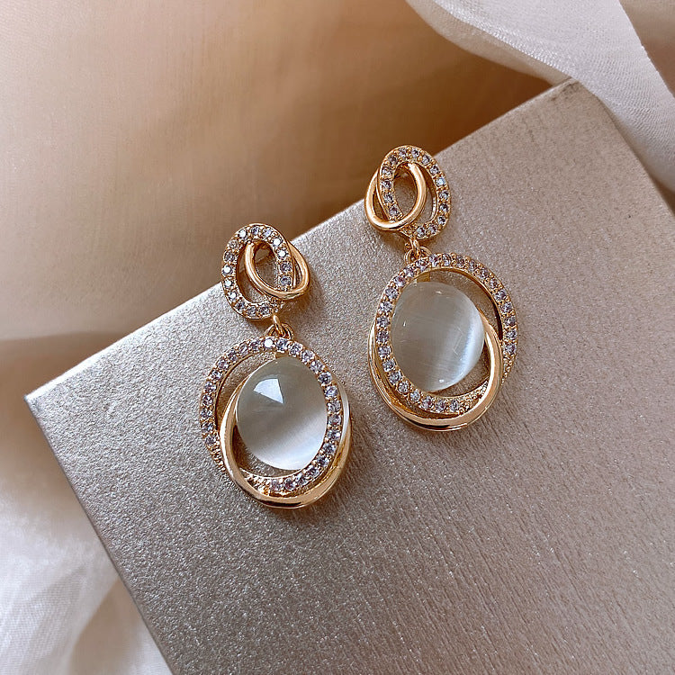 Korean Opal Earrings 925 Silver Needle - Geometric Loop Dangle 2.7cm - AstroVerse™