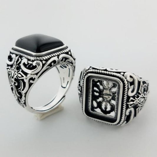 Real 925 Sterling Silver Vintage Rings For Men Natural Black Onyx Stone Square Shape Hollow Cross Flower Carved Punk Jewelry - AstroVerse™