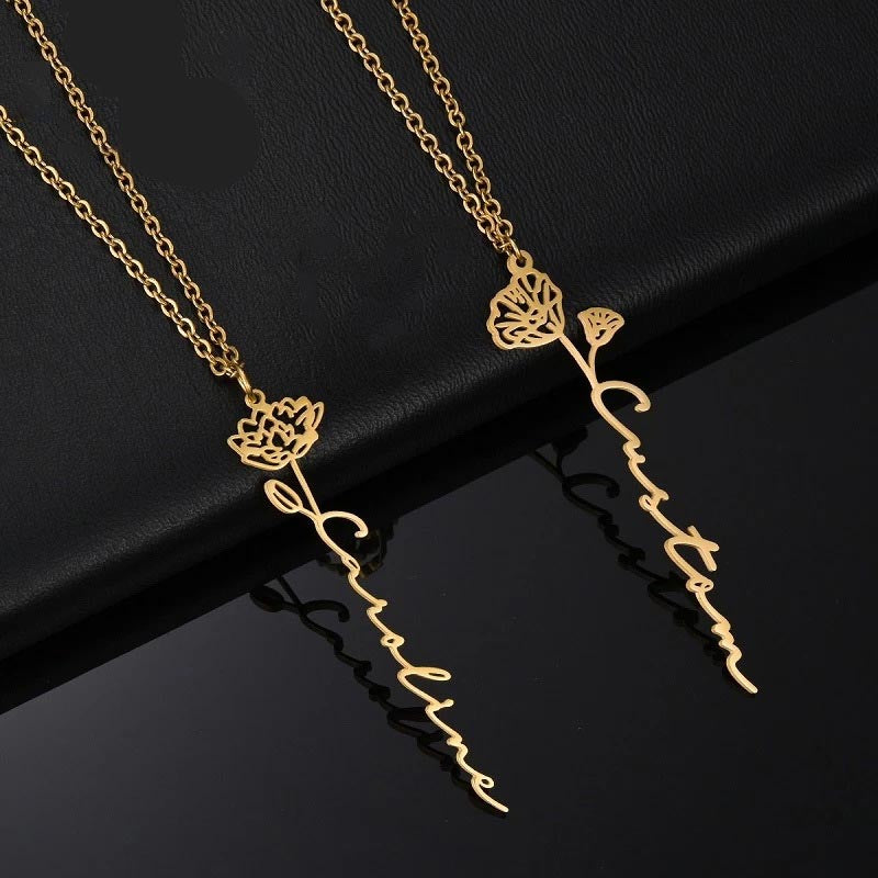 Elegant ladies flower name necklace with English letter charms on a delicate clavicle chain, featuring 12 floral designs by eprolo.