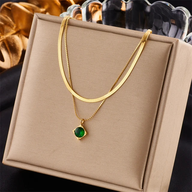 Eprolo green square diamond pendant necklace with double-layer titanium steel chain, stylish and high-end jewelry accessory.