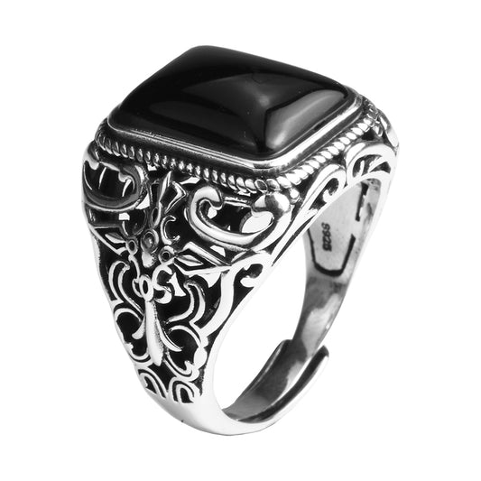 Real 925 Sterling Silver Vintage Rings For Men Natural Black Onyx Stone Square Shape Hollow Cross Flower Carved Punk Jewelry - AstroVerse™