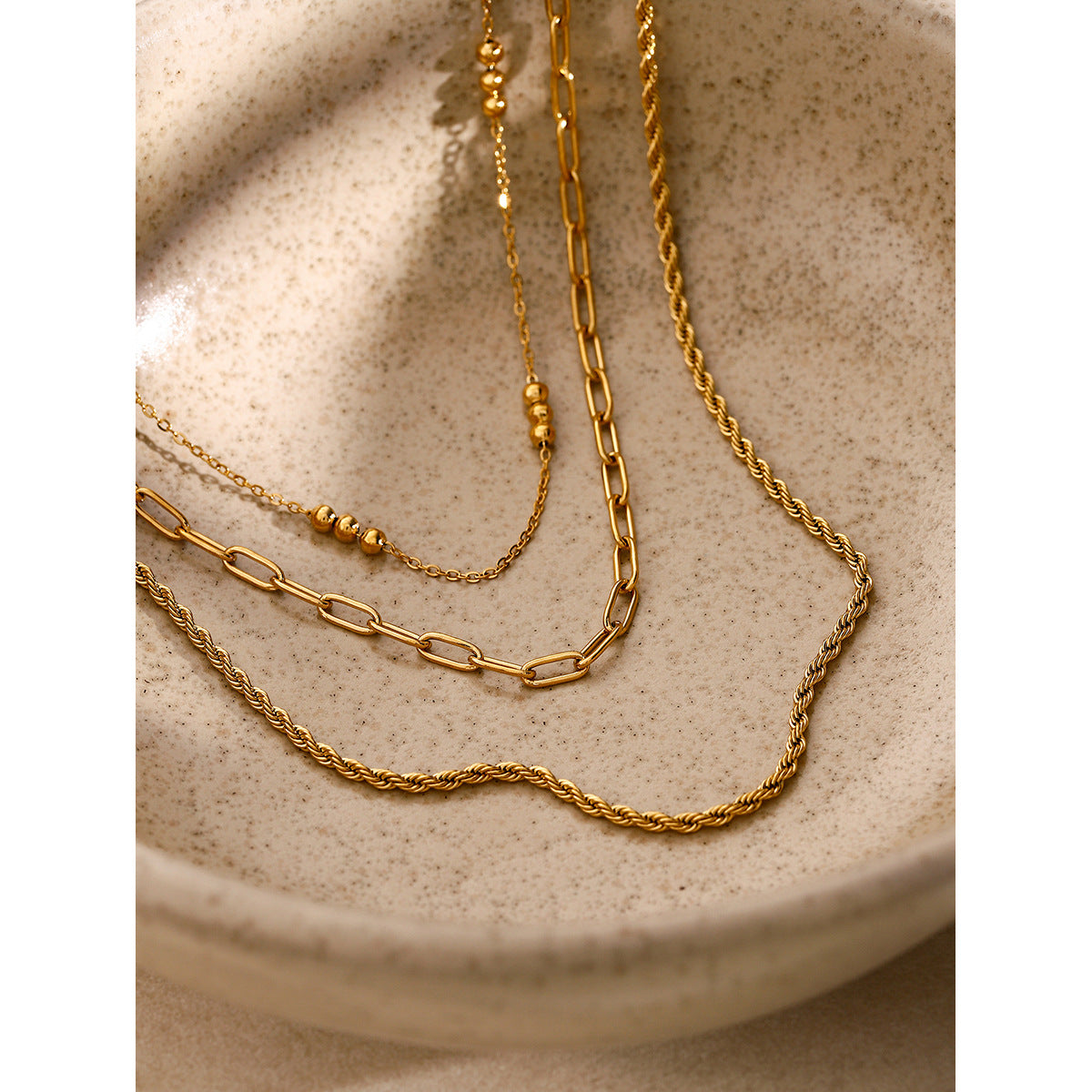Stainless steel triple beaded loop chain Fried Dough Twists chain three-layer necklace beach style necklace