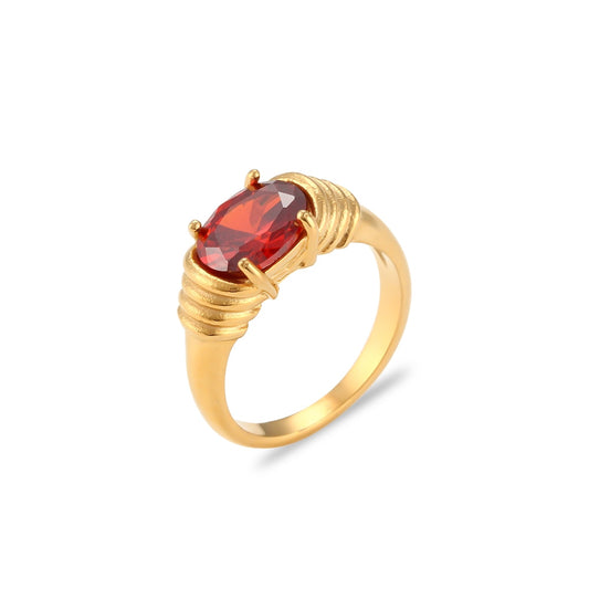 Oval-cut prong setting 3A zircon ring in 18K gold plated finish, showcasing a sparkling gemstone on a sleek band.