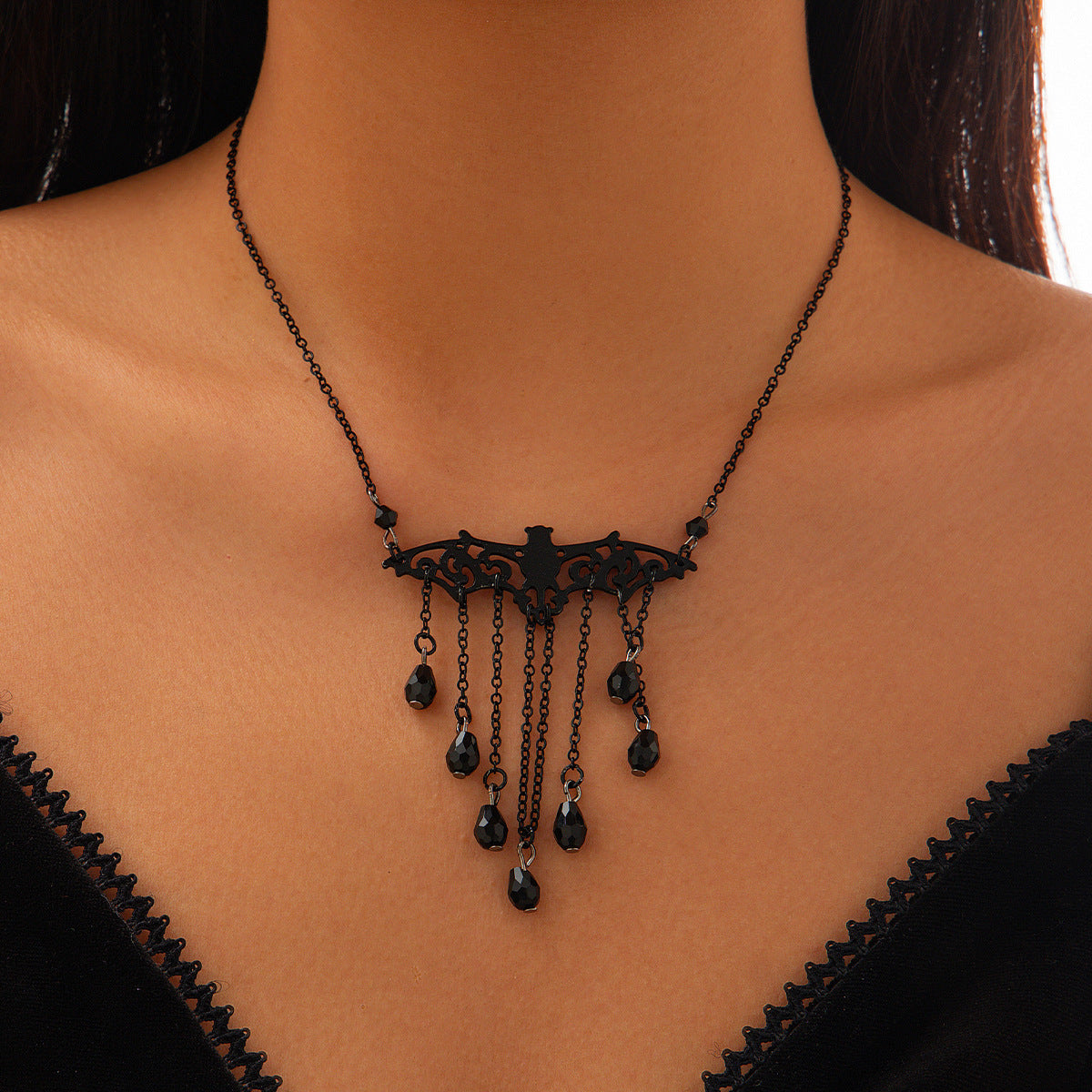 Halloween Bat Choker Necklace - Gothic Black Chain with Tassel - AstroVerse™
