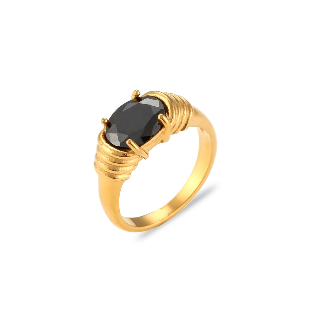 Eprolo oval-cut prong setting ring with 3A zircon stones, 18K gold plated, showcasing a sparkling gemstone and elegant band design.