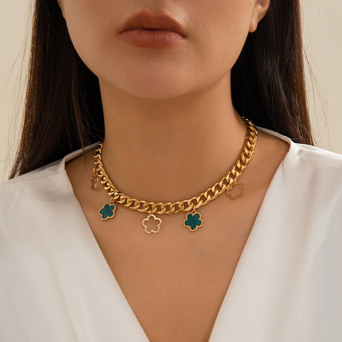 French elegant five leaf clover minimalist style necklace with sweet turquoise patterned flowers necklaces