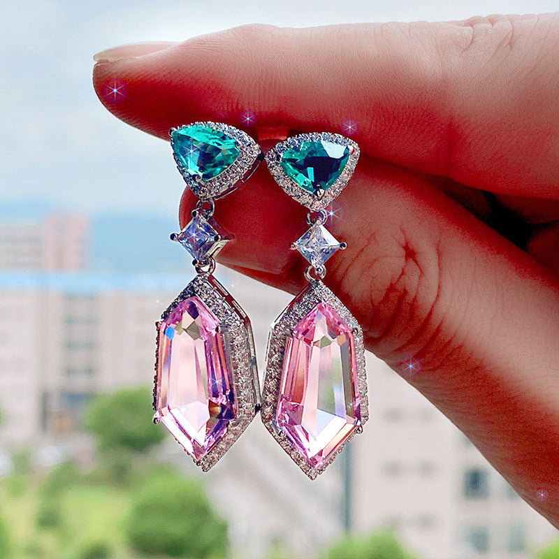 Pink Crystal Drop Earrings - Long Dangle Geometric Earrings 40mm - AstroVerse™