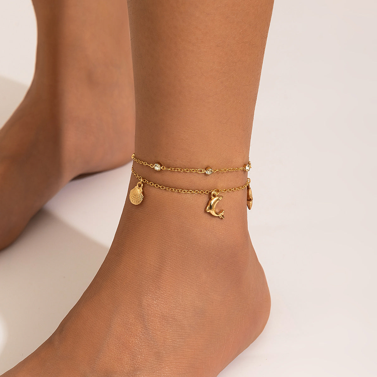 Beach Anklet Set - Layered Gold Chain with Shell Dolphin Pearl Charms - AstroVerse™