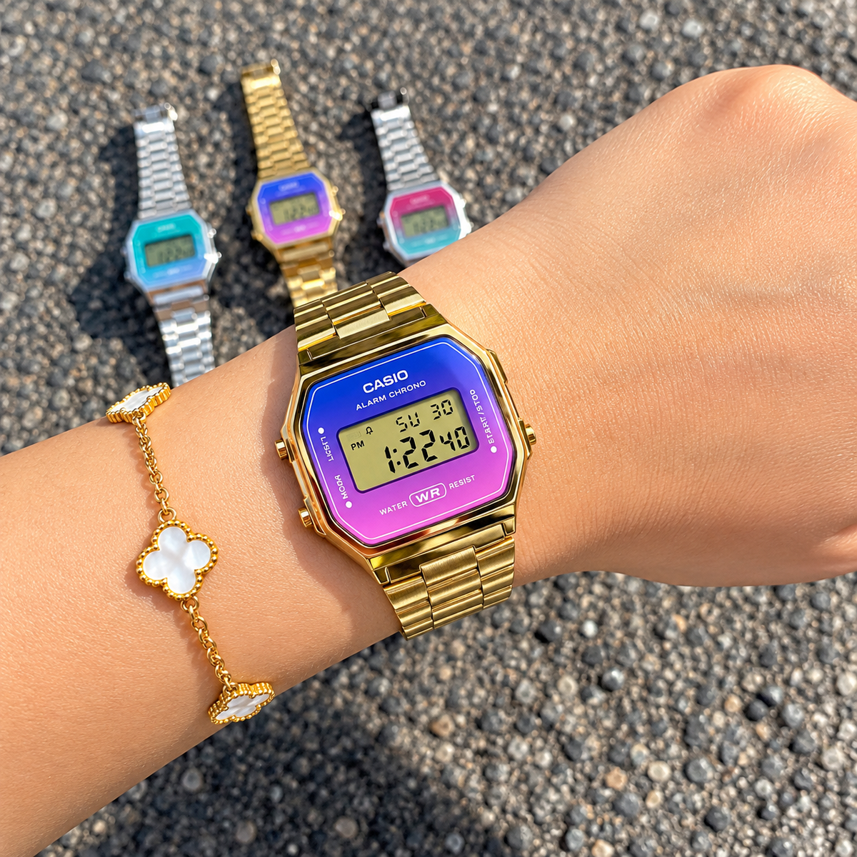 Ticora Casio Vintage Digital Watch for Women with black resin strap and digital display showing time and date.