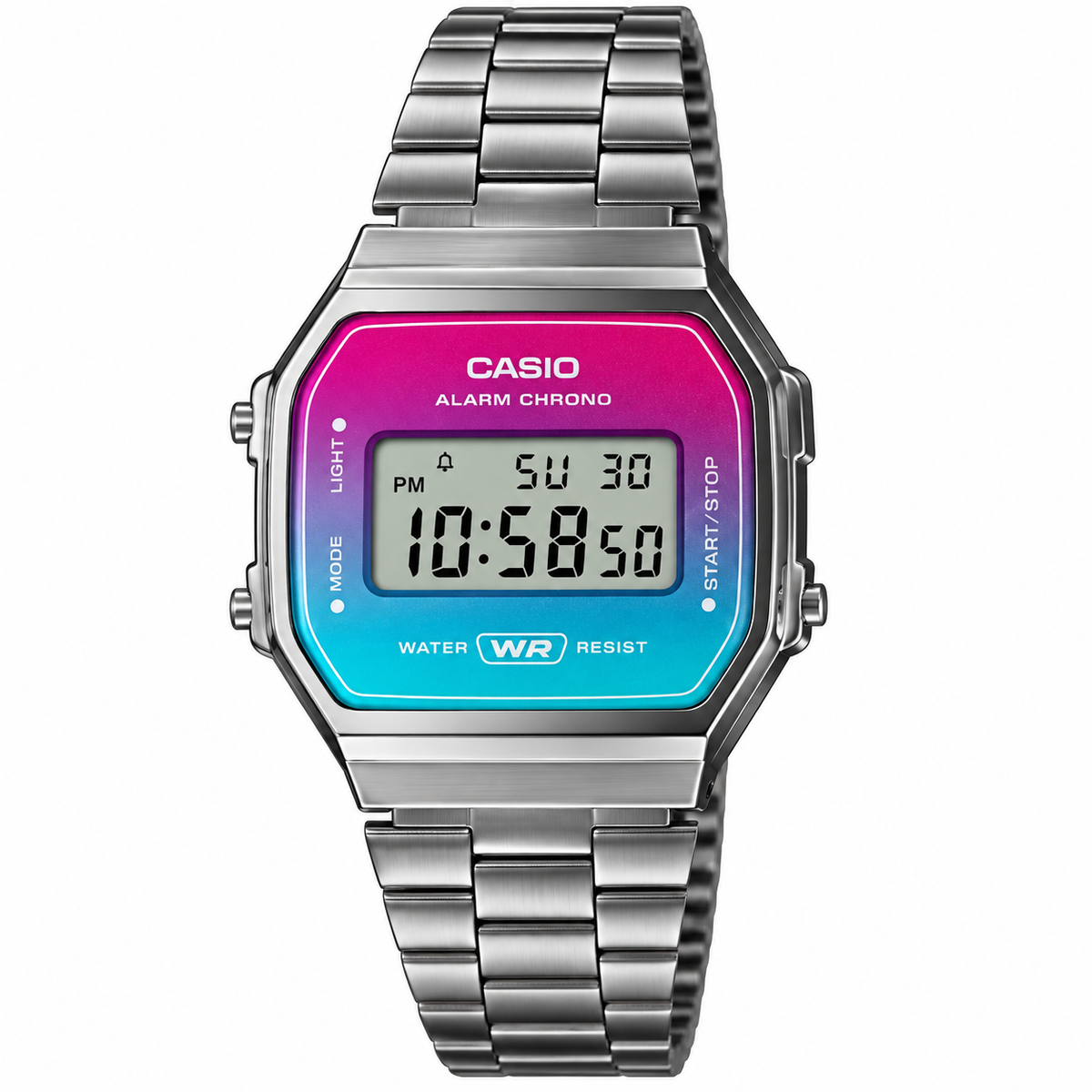 Ticora Casio vintage digital watch for women with black resin band and digital display showing time and date.