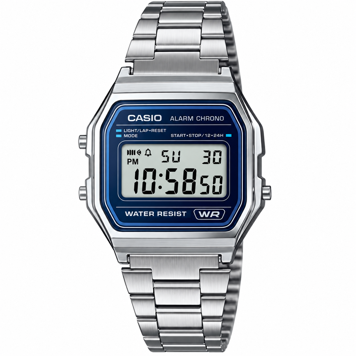 Ticora Casio A158WEA-2 digital men's watch with black band and digital display showing time and date.