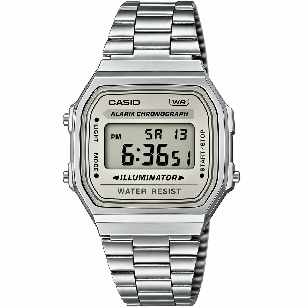Ticora Casio A158WEA-2 digital men's watch showing digital display with black band and silver case on a white background