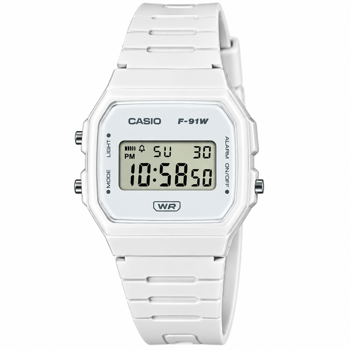 Ticora Casio F-91WB-7A digital retro watch with black resin strap and classic LCD display showing time and date