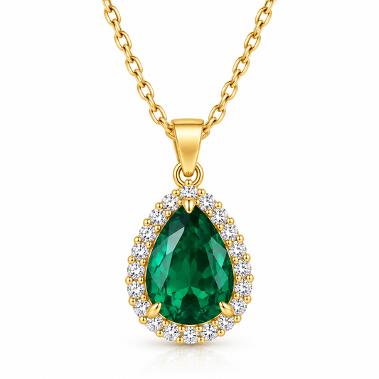 Green Zircon Necklace - 18K Gold Plated Water Drop Pendant Titanium Steel