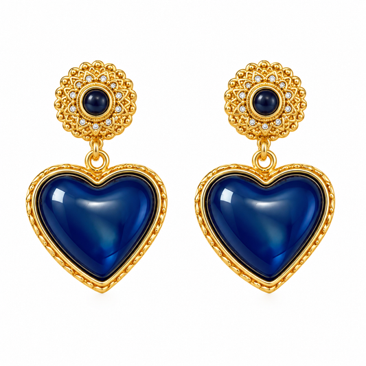 French Medieval Heart Earrings - Blue Enamel Copper 925 Silver Pin