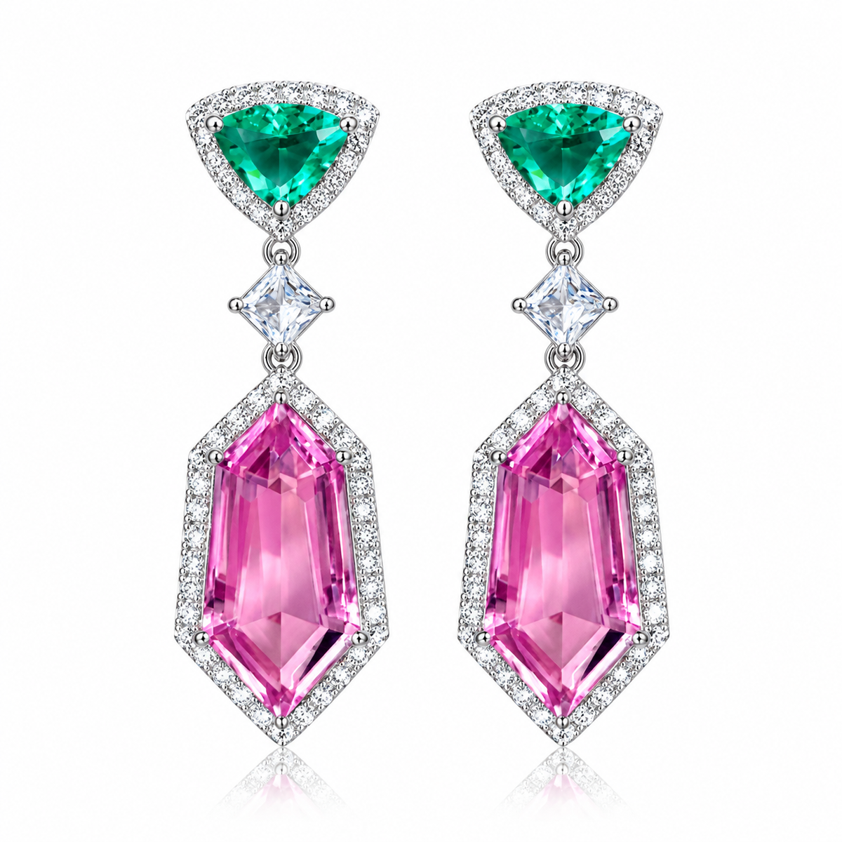 Pink Crystal Drop Earrings - Long Dangle Geometric Earrings 40mm