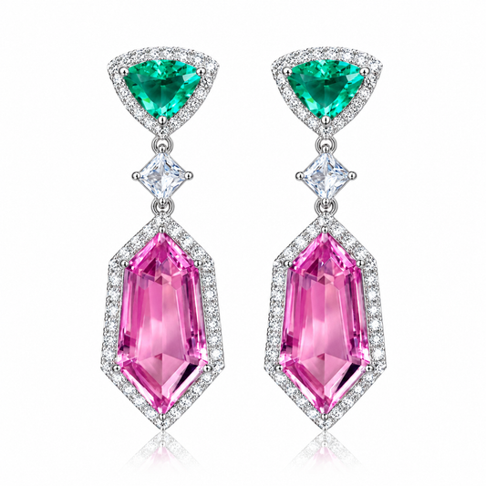 Pink Crystal Drop Earrings - Long Dangle Geometric Earrings 40mm