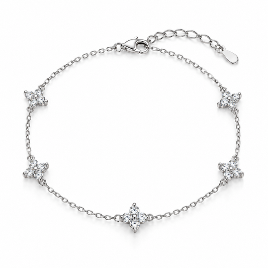 925 Sterling Silver Flower Bracelet - Five Zircon Clover Charm Gold Plated