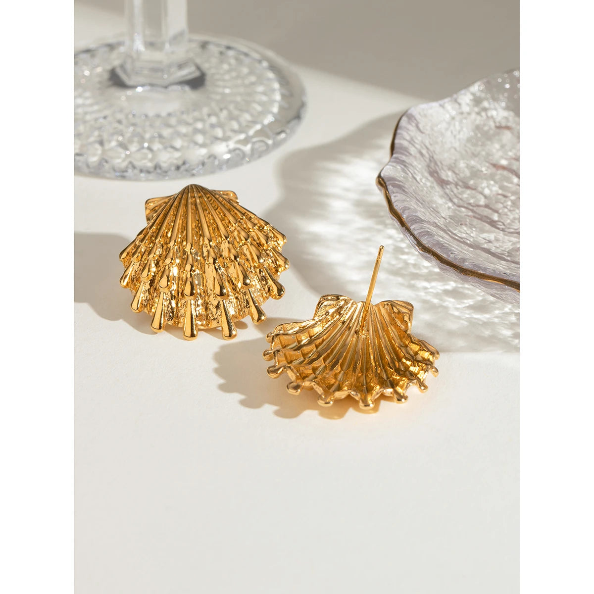 Creative Stainless Steel 18k Gold Plated Ocean Style Shell Ribbed Hammer Grain Earrings Personalized Jewelry Attractive Women - AstroVerse™