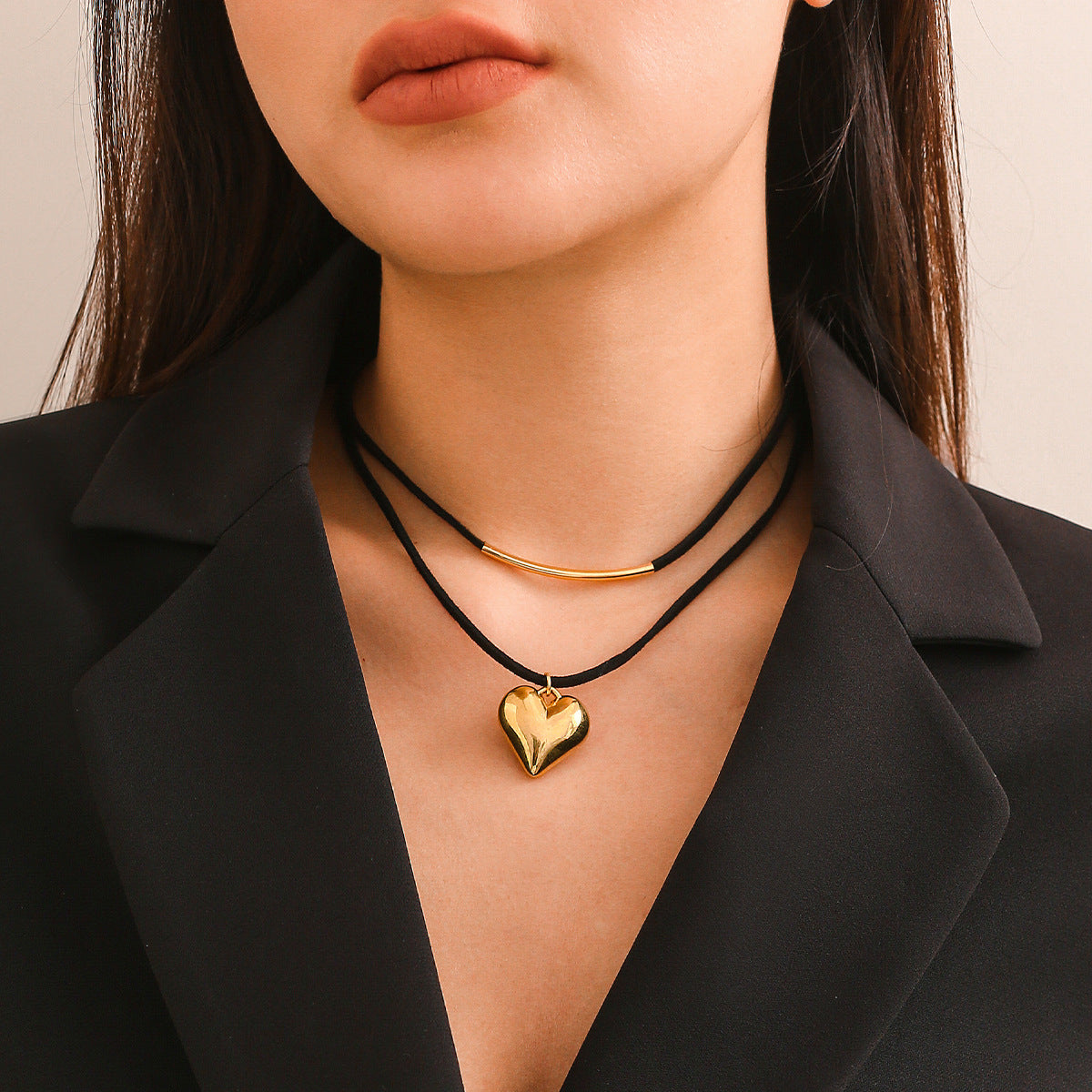 Layered Black Velvet Choker Necklace - Gold Heart Pendant Double Strand - AstroVerse™