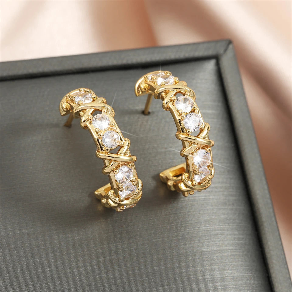 Vintage CC Design Hoop Earrings for Women Korean Fashion X Cross Zircon Earring Engagement Jewelry Gift - AstroVerse™