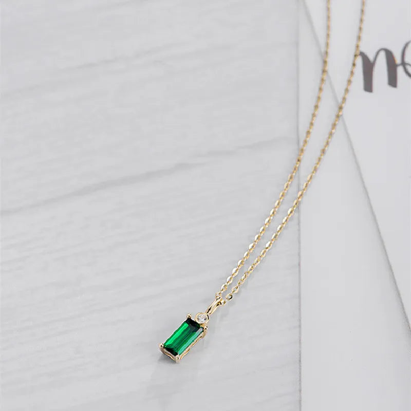 925 Sterling Silver 14K Gold Plated Emerald Green Mini Rectangle Zircon Necklace - AstroVerse™