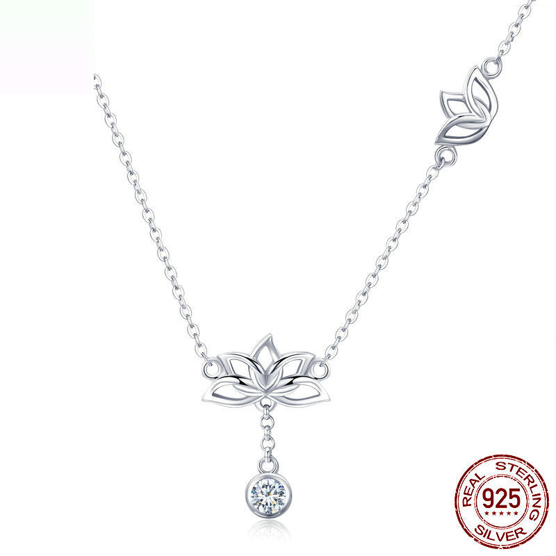 925 Sterling Silver Lotus Necklace - Platinum Plated Zircon Flower Pendant - AstroVerse™