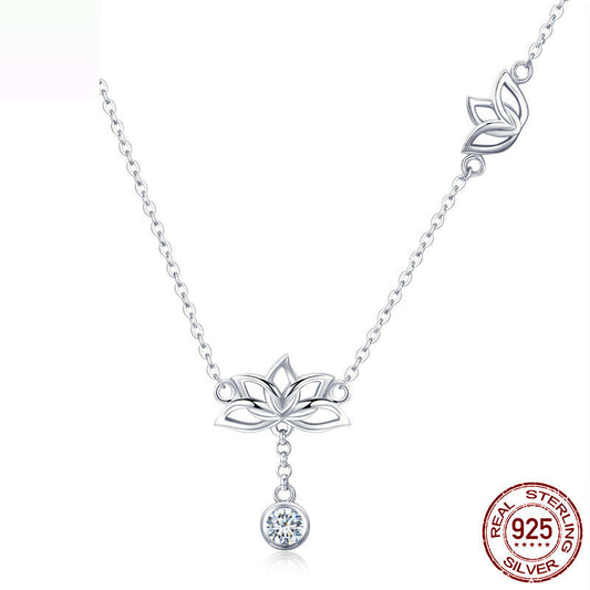 925 Sterling Silver Lotus Necklace - Platinum Plated Zircon Flower Pendant - AstroVerse™