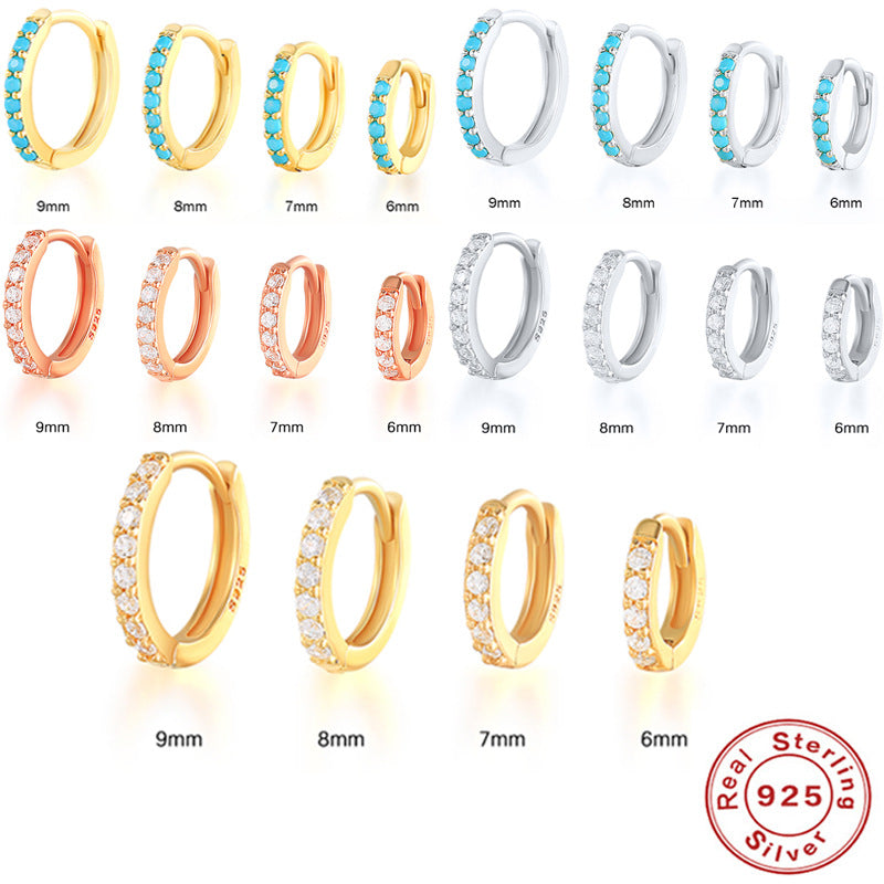 S925 Sterling Silver Circle Earrings with Turquoise and Diamond Inlay 18K Gold Plated Stud Earrings Jewelry