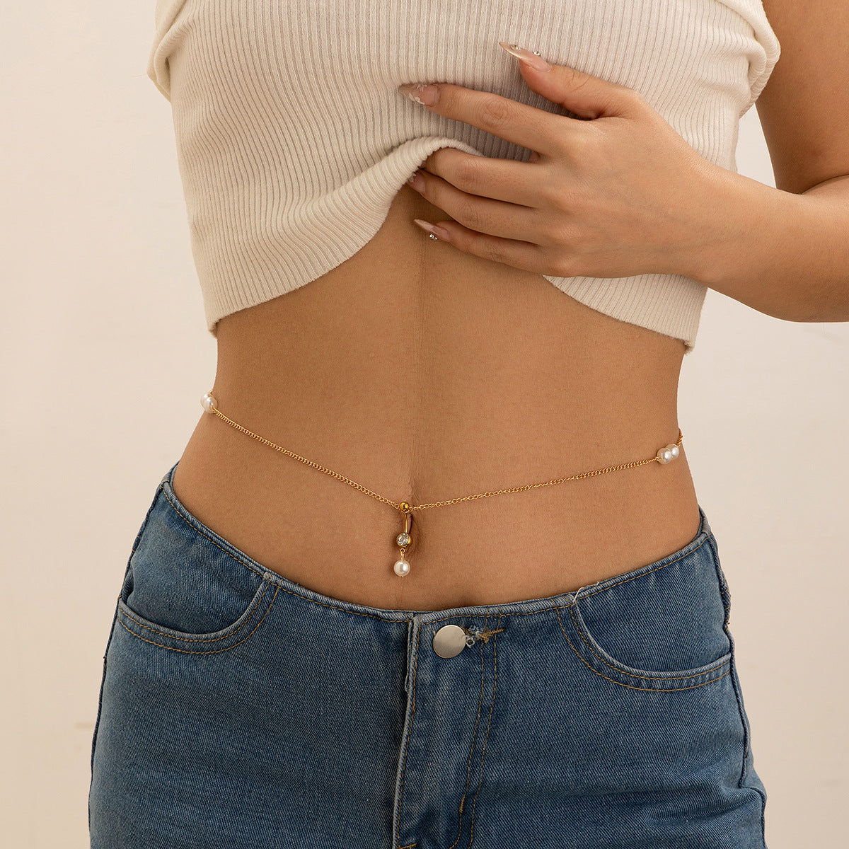 Zircon navel nail body chain sexy imitation pearl tassel chain - AstroVerse™