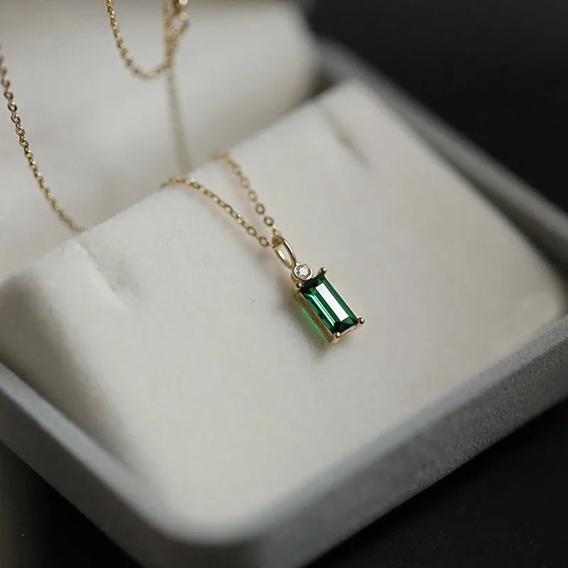 925 Sterling Silver 14K Gold Plated Emerald Green Mini Rectangle Zircon Necklace - AstroVerse™