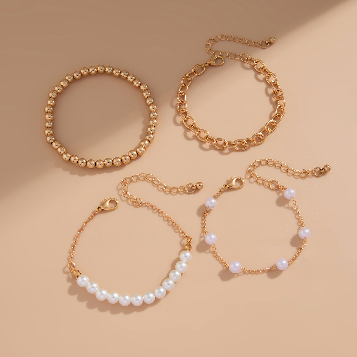 4-Piece Layered Bracelet Set - Gold Beaded & Pearl Stack Bracelets - AstroVerse™
