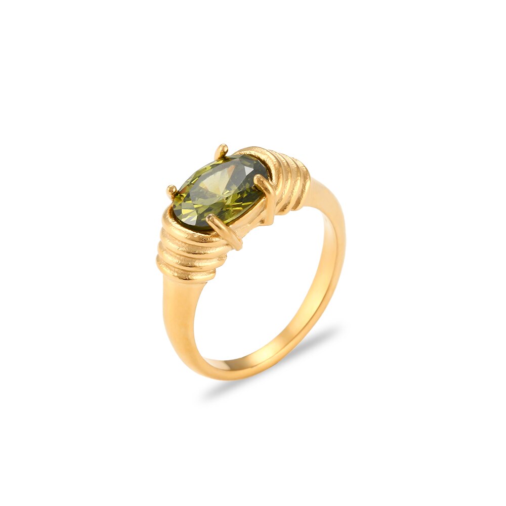 Oval-cut prong setting 3A zircon ring in 18K gold plated finish, showcasing a sparkling gemstone on a sleek band.