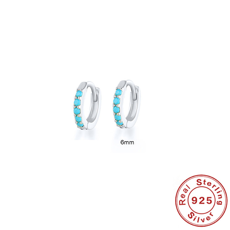 S925 Sterling Silver Circle Earrings with Turquoise and Diamond Inlay 18K Gold Plated Stud Earrings Jewelry
