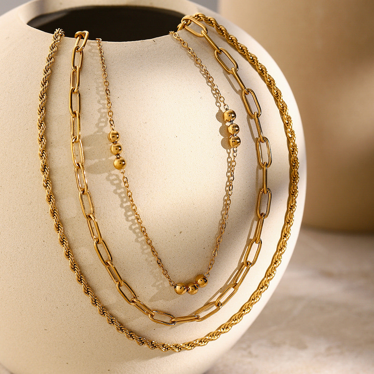 Stainless steel triple beaded loop chain Fried Dough Twists chain three-layer necklace beach style necklace