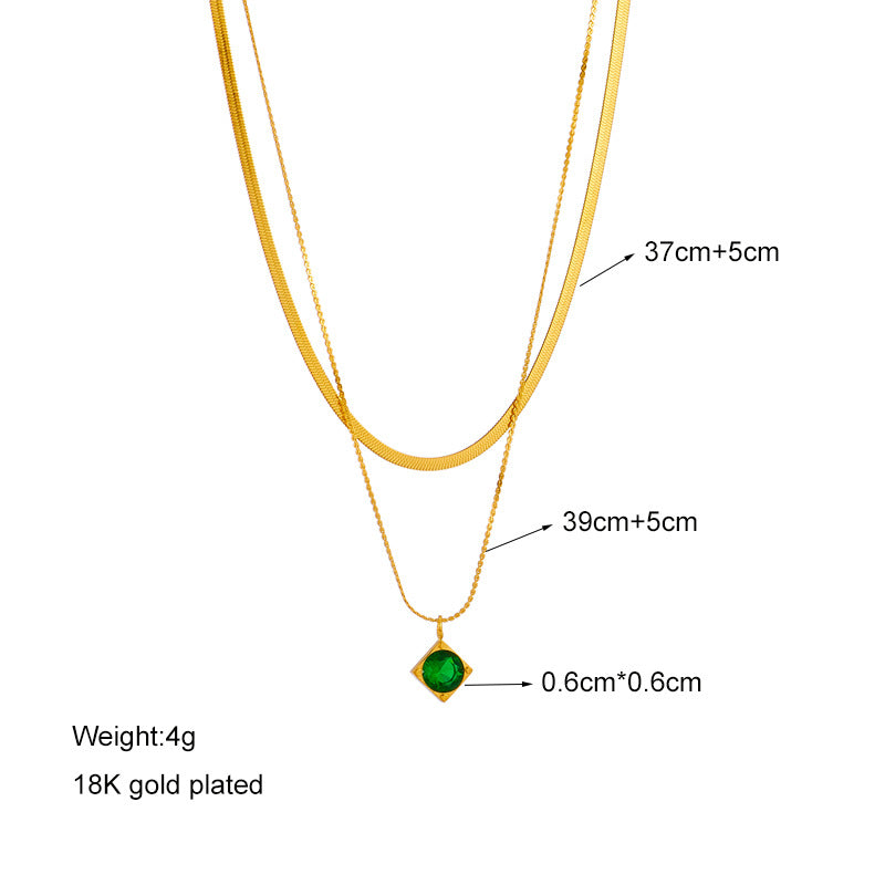 Elegant green square diamond pendant necklace by eprolo with titanium steel double-layer chain, showcasing a high-end European and American style.