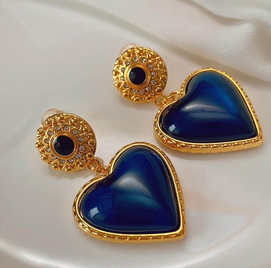 French Retro Medieval Blue Heart Earrings Female Copper Plated Real Gold Heart Earrings 925 Silver Needle High Quality