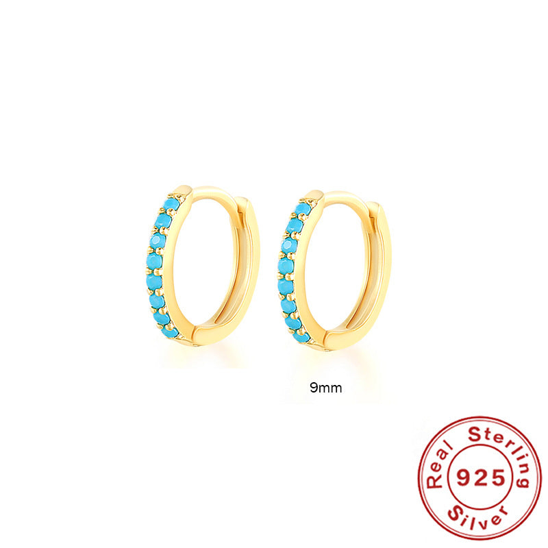 S925 Sterling Silver Circle Earrings with Turquoise and Diamond Inlay 18K Gold Plated Stud Earrings Jewelry