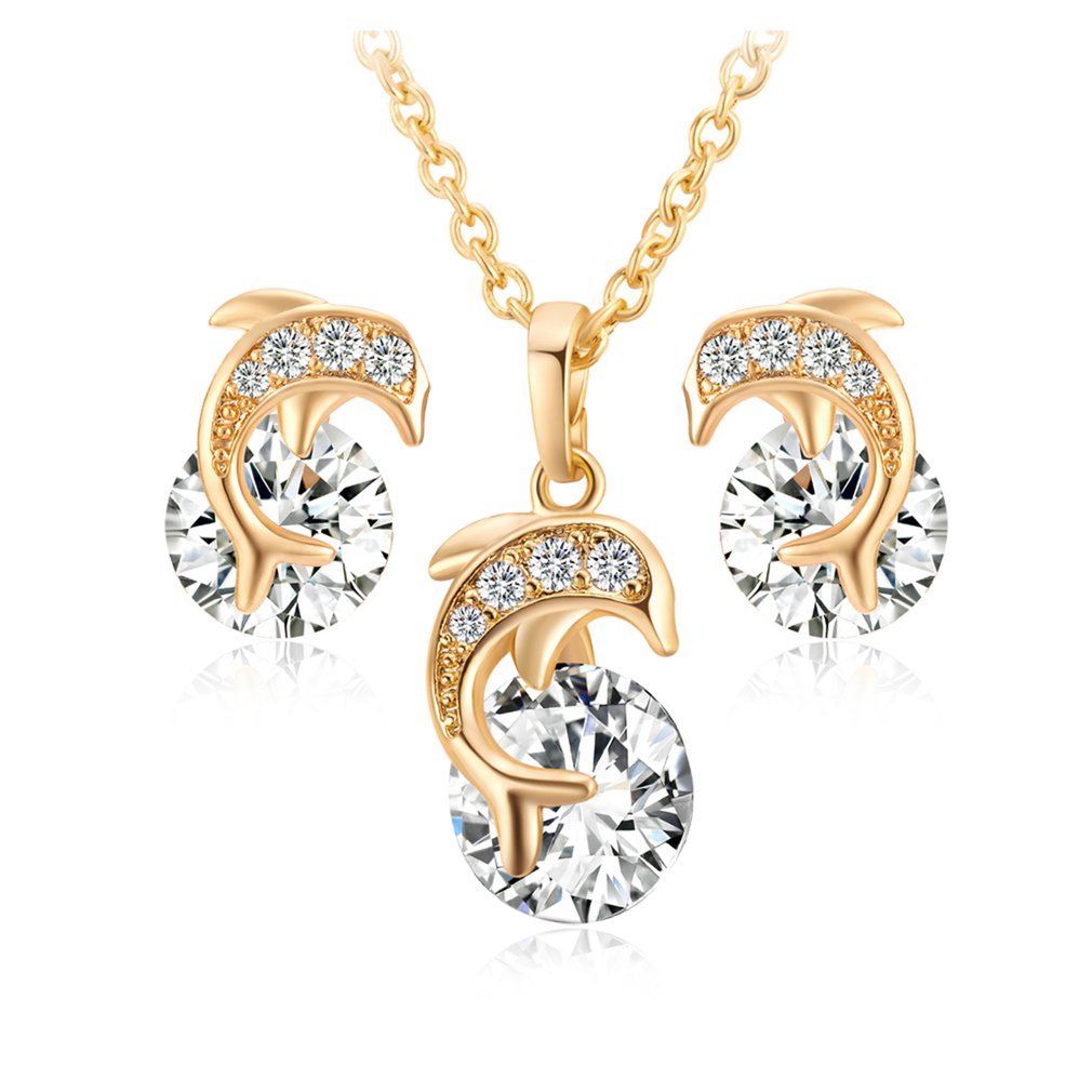 Eprolo creative dolphin necklace pendant with rhinestones paired with matching dolphin earrings on a white background.